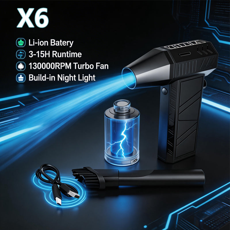 X6 Turbo Fan 130000RPM High Speed Jet Fan 2-in-1 Air Duster & Vacuum Cleaner Portable Cordless Blower with LED Light for PC Keyboard Car Cleaning