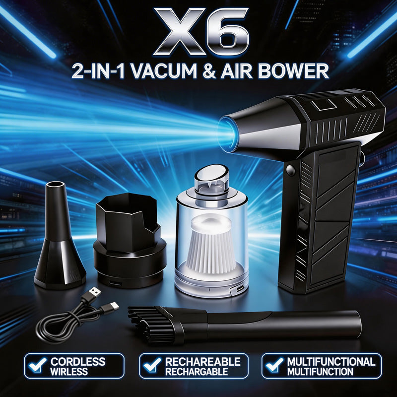 X6 Turbo Fan 130000RPM High Speed Jet Fan 2-in-1 Air Duster & Vacuum Cleaner Portable Cordless Blower with LED Light for PC Keyboard Car Cleaning