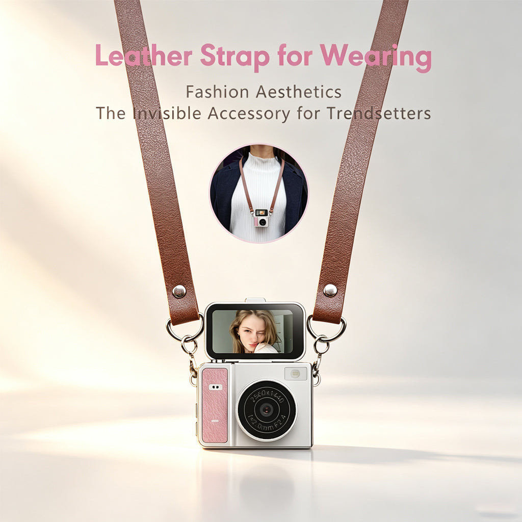 [SG Ready Stock] S162 Mini Digital Camera | 48MP 180° Flip Screen Selfie Vlog Camera | Portable Retro Pocket Cam with Leather Strap