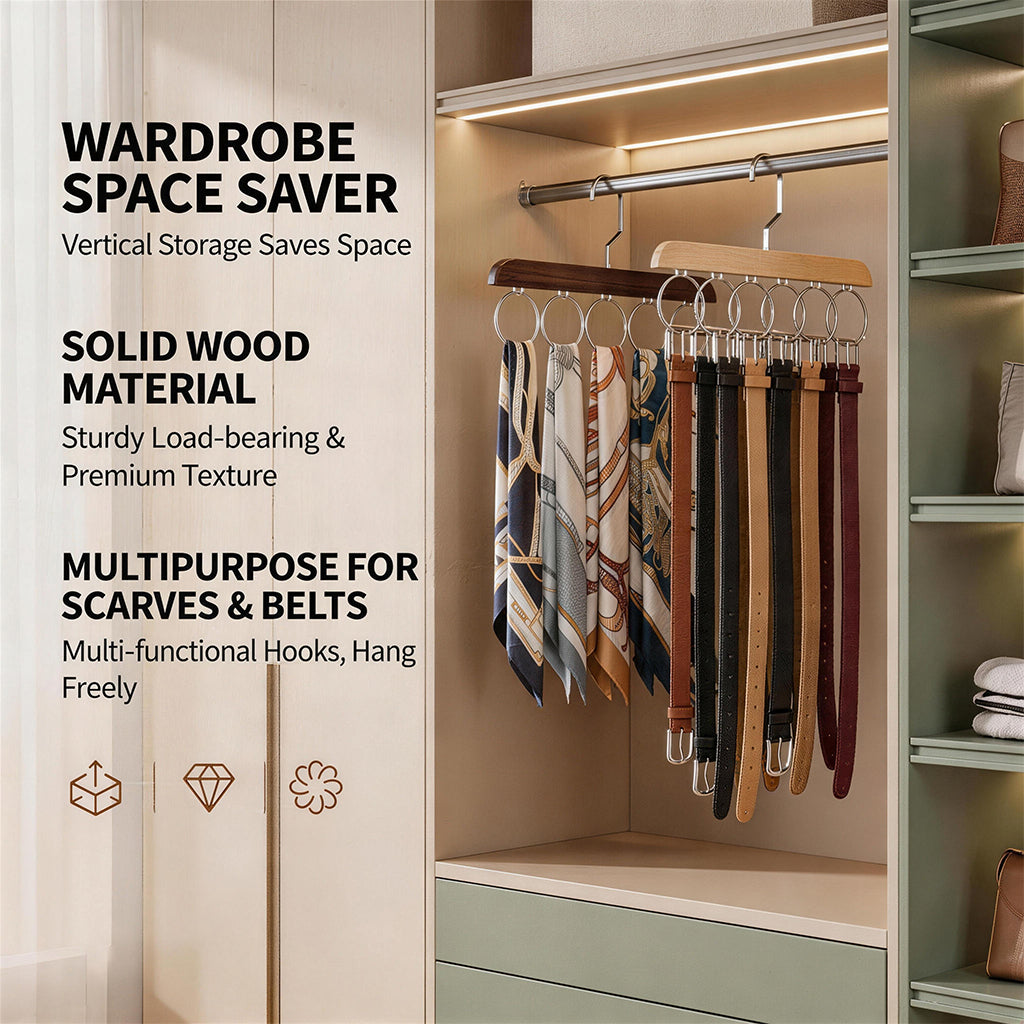 【SG Ready Stock】Solid Wood Scarf Hanger Belt Organizer Multi-Ring Tie Holder Closet Storage Rack Space Saver