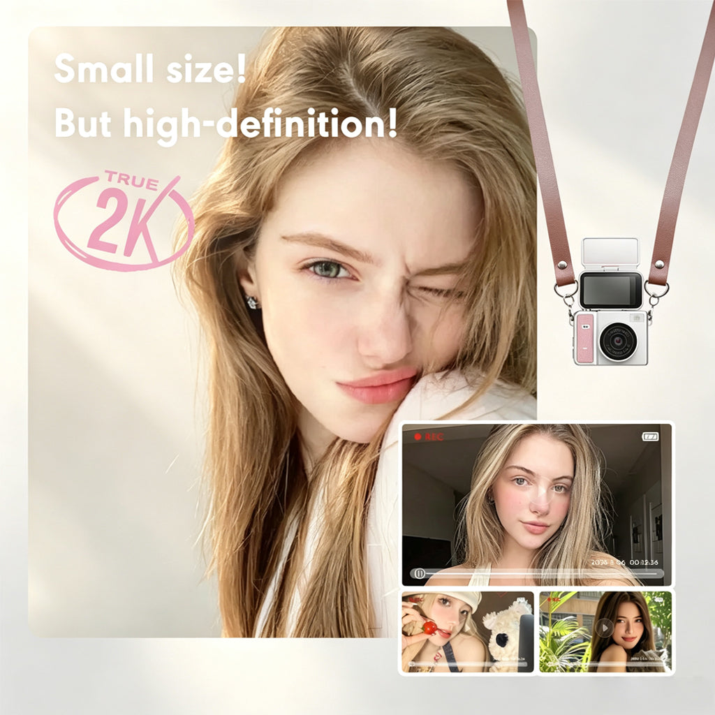 [SG Ready Stock] S162 Mini Digital Camera | 48MP 180° Flip Screen Selfie Vlog Camera | Portable Retro Pocket Cam with Leather Strap