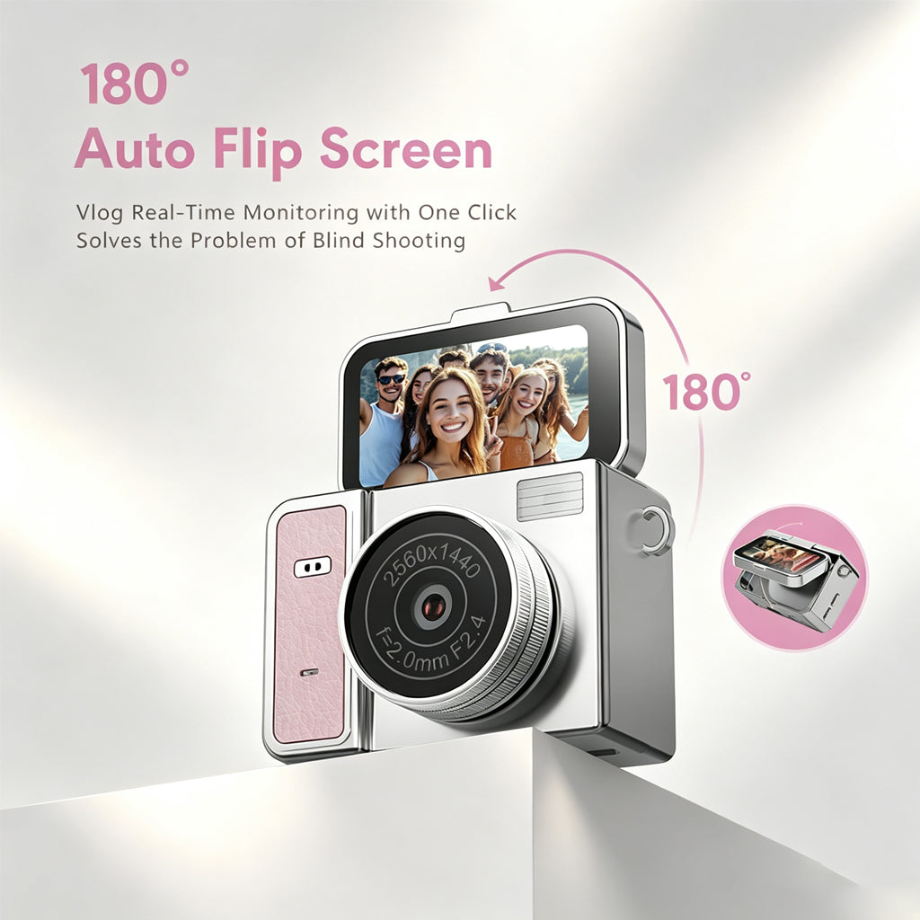 [SG Ready Stock] S162 Mini Digital Camera | 48MP 180° Flip Screen Selfie Vlog Camera | Portable Retro Pocket Cam with Leather Strap
