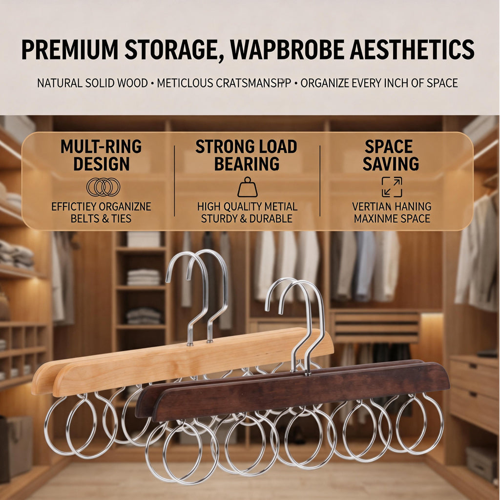【SG Ready Stock】Solid Wood Scarf Hanger Belt Organizer Multi-Ring Tie Holder Closet Storage Rack Space Saver