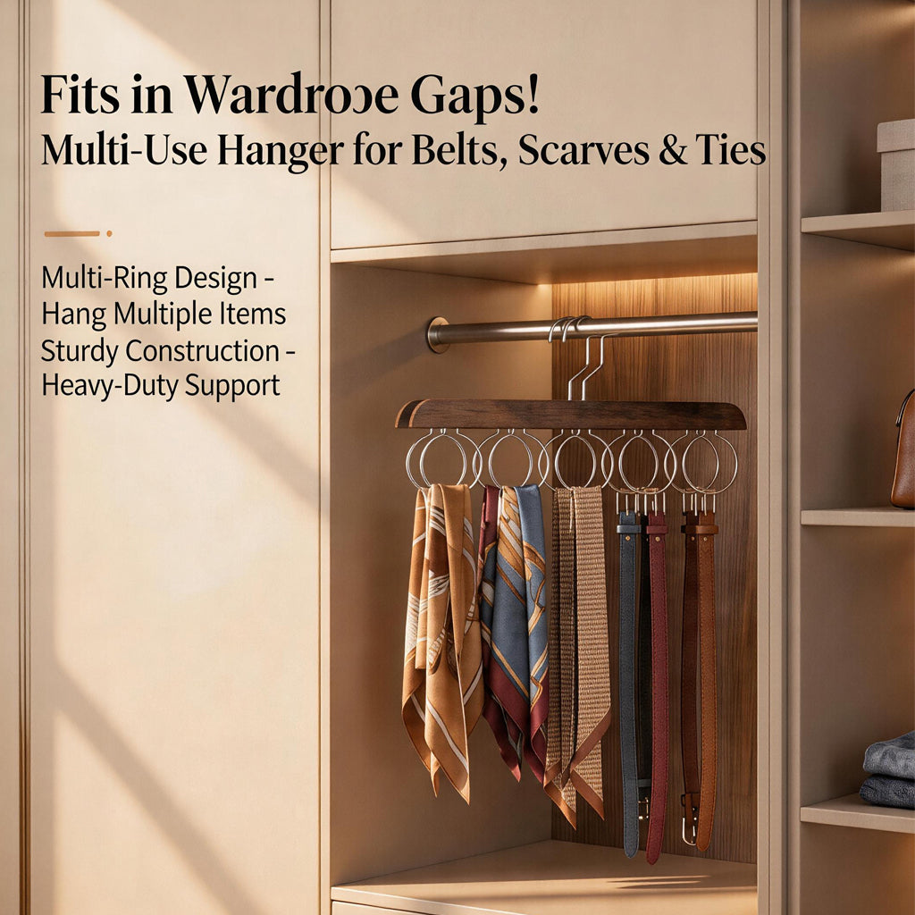 【SG Ready Stock】Solid Wood Scarf Hanger Belt Organizer Multi-Ring Tie Holder Closet Storage Rack Space Saver