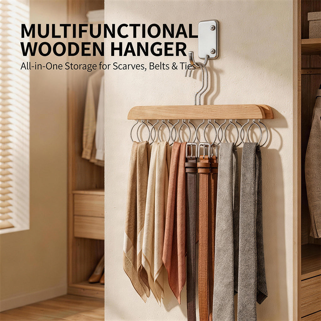 【SG Ready Stock】Solid Wood Scarf Hanger Belt Organizer Multi-Ring Tie Holder Closet Storage Rack Space Saver